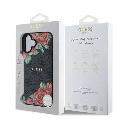 Apple iPhone 16 Case Guess Original Licensed Magsafe Charging Feature Rose Printed 4G Patterned Text Logo Cover - 17