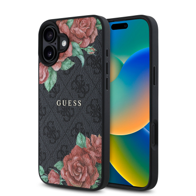 Apple iPhone 16 Case Guess Original Licensed Magsafe Charging Feature Rose Printed 4G Patterned Text Logo Cover - 3