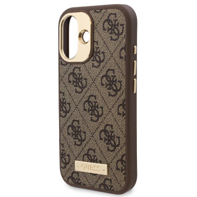 Apple iPhone 16 Case Guess Original Licensed Magsafe Charging Featured PU 4G Patterned Metal Plate Classic Logo Cover - 16