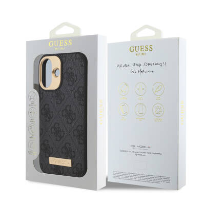 Apple iPhone 16 Case Guess Original Licensed Magsafe Charging Featured PU 4G Patterned Metal Plate Classic Logo Cover - 27