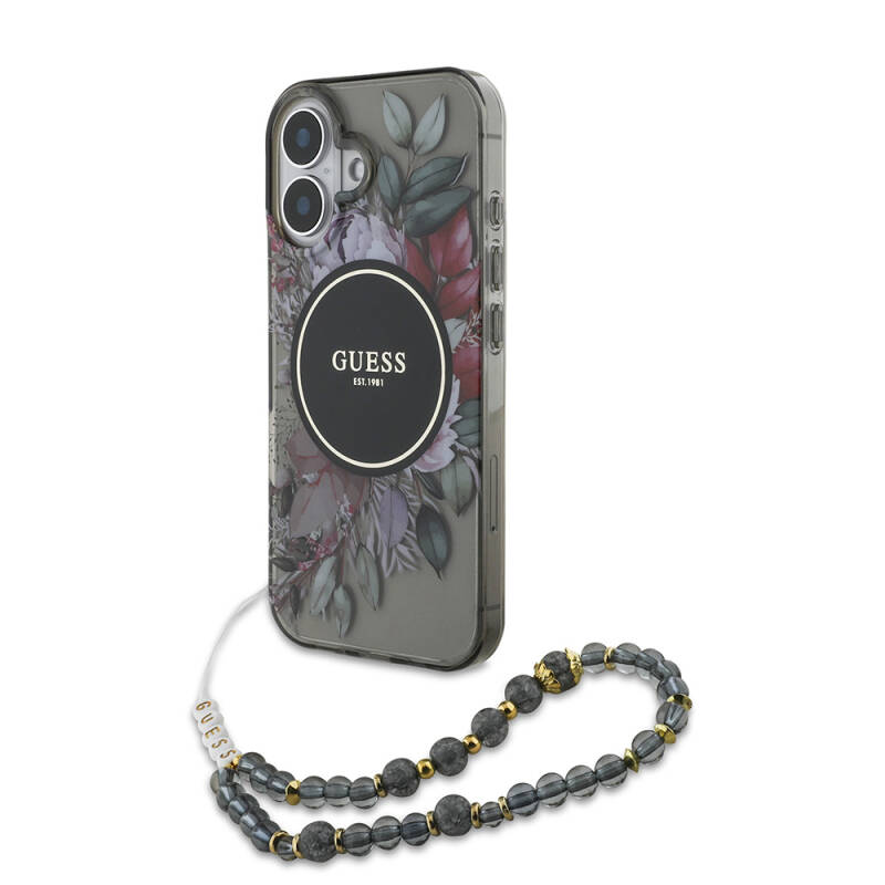 Apple iPhone 16 Case Guess Original Licensed Magsafe Charging Featured IML Printed Flower Pearl Bracelet Cover - 1