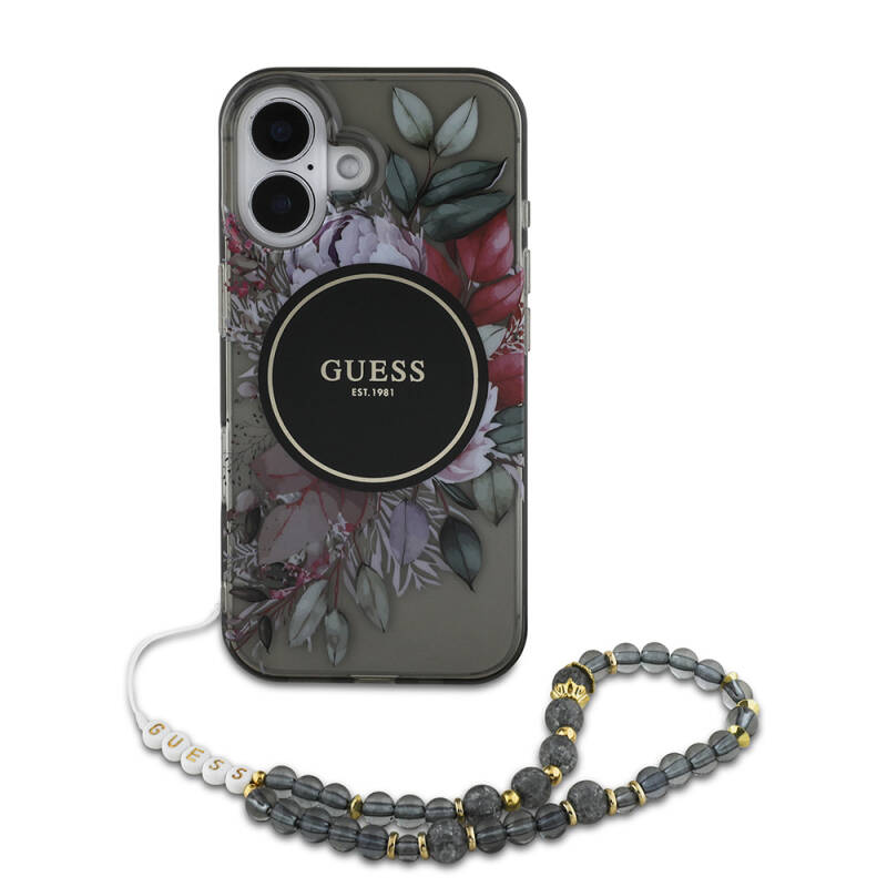 Apple iPhone 16 Case Guess Original Licensed Magsafe Charging Featured IML Printed Flower Pearl Bracelet Cover - 3