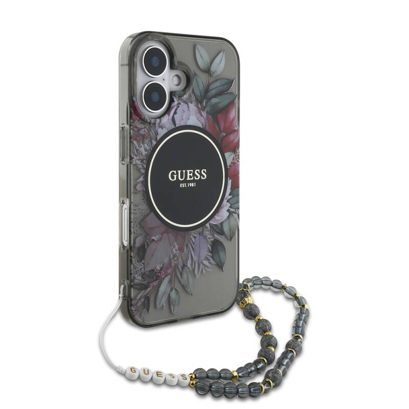 Apple iPhone 16 Case Guess Original Licensed Magsafe Charging Featured IML Printed Flower Pearl Bracelet Cover - 4