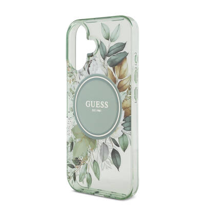 Apple iPhone 16 Case Guess Original Licensed Magsafe Charging Featured IML Printed Flower Pearl Bracelet Cover - 7