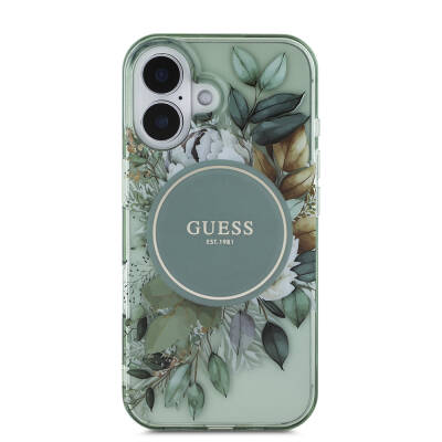 Apple iPhone 16 Case Guess Original Licensed Magsafe Charging Featured IML Printed Flower Pearl Bracelet Cover - 8