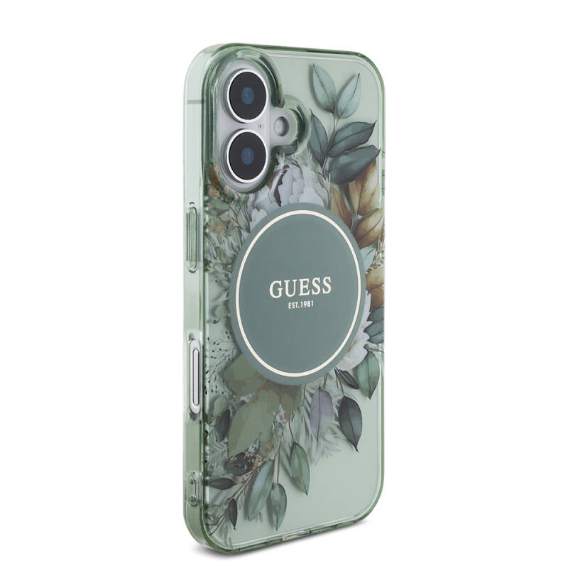 Apple iPhone 16 Case Guess Original Licensed Magsafe Charging Featured IML Printed Flower Pearl Bracelet Cover - 9