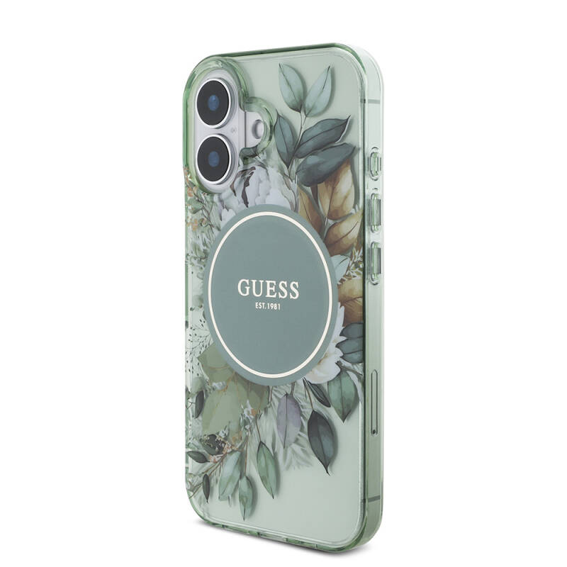 Apple iPhone 16 Case Guess Original Licensed Magsafe Charging Featured IML Printed Flower Pearl Bracelet Cover - 11