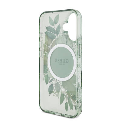 Apple iPhone 16 Case Guess Original Licensed Magsafe Charging Featured IML Printed Flower Pearl Bracelet Cover - 12