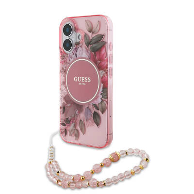 Apple iPhone 16 Case Guess Original Licensed Magsafe Charging Featured IML Printed Flower Pearl Bracelet Cover - 14