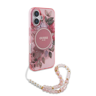 Apple iPhone 16 Case Guess Original Licensed Magsafe Charging Featured IML Printed Flower Pearl Bracelet Cover - 16