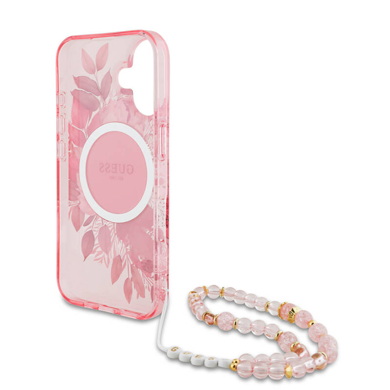 Apple iPhone 16 Case Guess Original Licensed Magsafe Charging Featured IML Printed Flower Pearl Bracelet Cover - 18