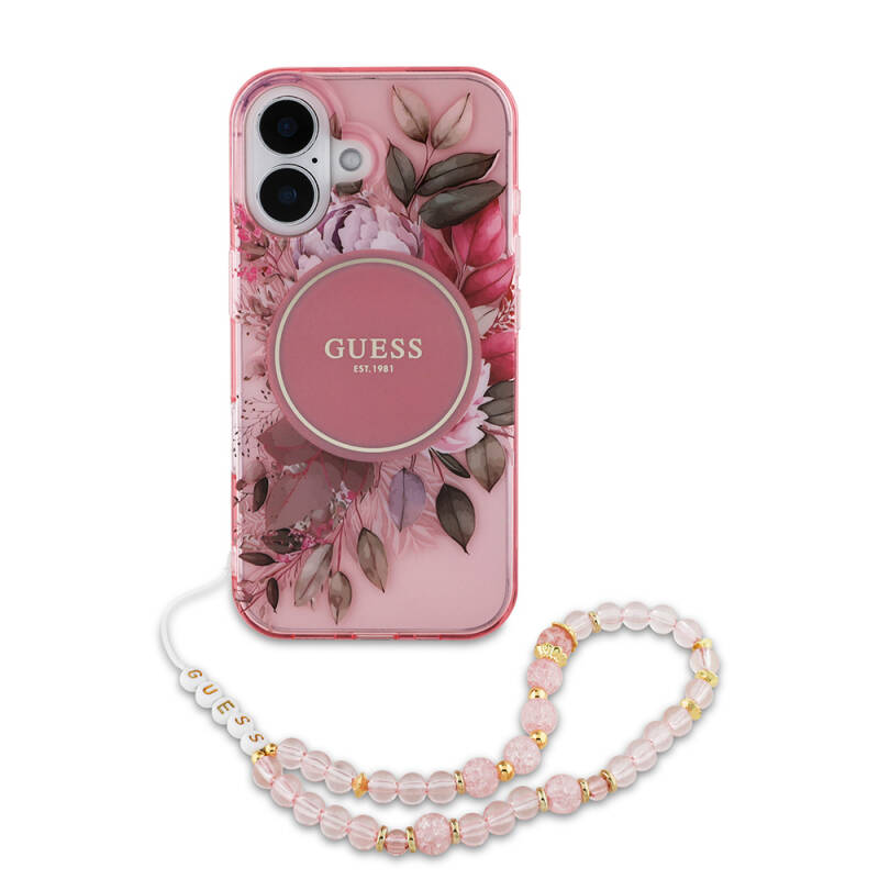 Apple iPhone 16 Case Guess Original Licensed Magsafe Charging Featured IML Printed Flower Pearl Bracelet Cover - 15