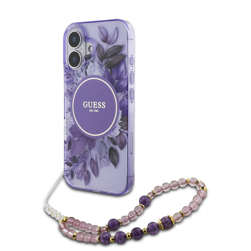 Apple iPhone 16 Case Guess Original Licensed Magsafe Charging Featured IML Printed Flower Pearl Bracelet Cover - 21