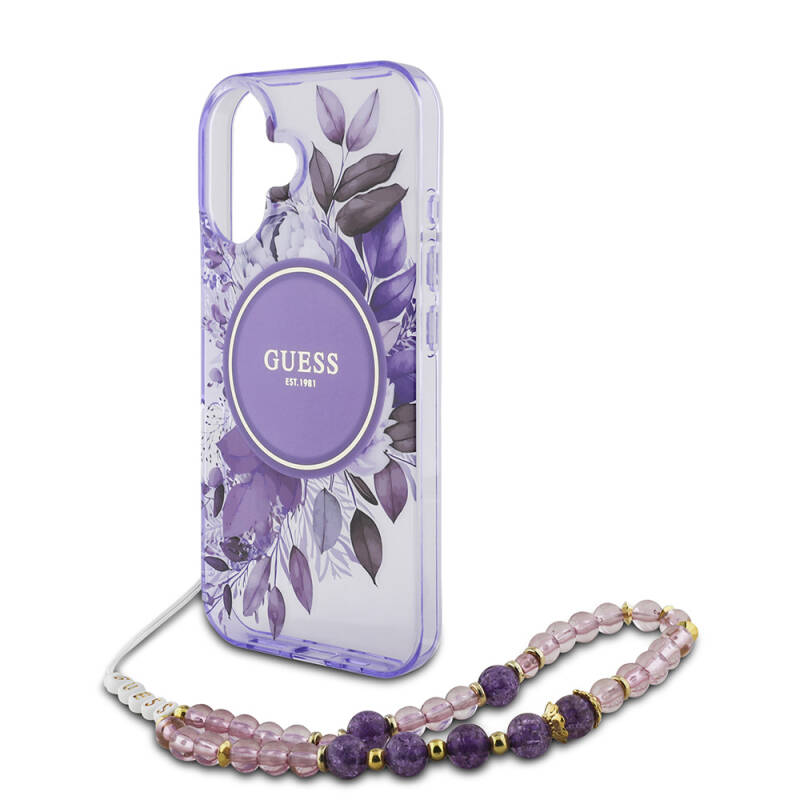 Apple iPhone 16 Case Guess Original Licensed Magsafe Charging Featured IML Printed Flower Pearl Bracelet Cover - 22