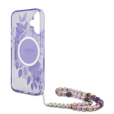 Apple iPhone 16 Case Guess Original Licensed Magsafe Charging Featured IML Printed Flower Pearl Bracelet Cover - 23