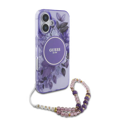 Apple iPhone 16 Case Guess Original Licensed Magsafe Charging Featured IML Printed Flower Pearl Bracelet Cover - 24