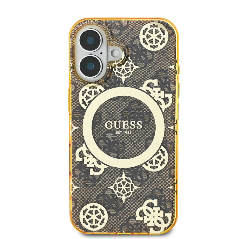 Apple iPhone 16 Case Guess Original Licensed Magsafe Charging Featured IML Text Logo 4G Patterned Peony Cover - 12