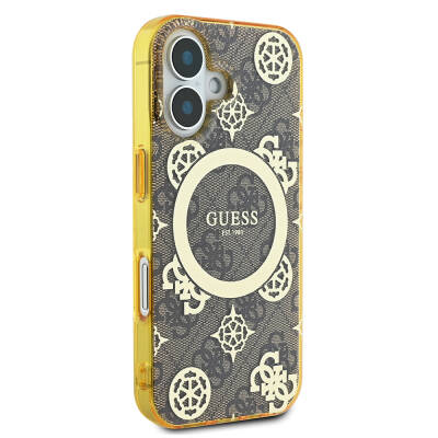 Apple iPhone 16 Case Guess Original Licensed Magsafe Charging Featured IML Text Logo 4G Patterned Peony Cover - 13