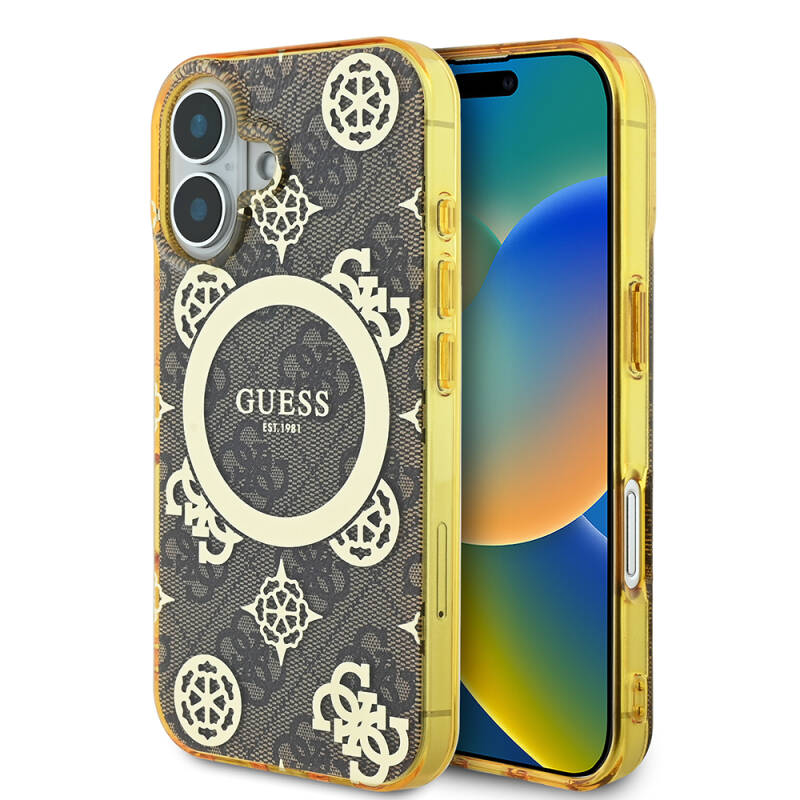 Apple iPhone 16 Case Guess Original Licensed Magsafe Charging Featured IML Text Logo 4G Patterned Peony Cover - 10