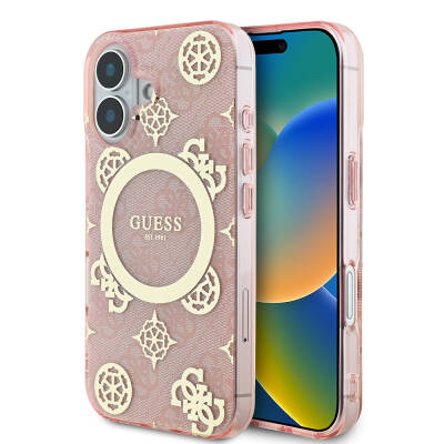 Apple iPhone 16 Case Guess Original Licensed Magsafe Charging Featured IML Text Logo 4G Patterned Peony Cover - 1