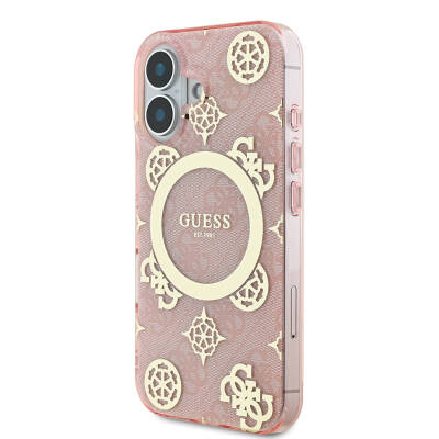 Apple iPhone 16 Case Guess Original Licensed Magsafe Charging Featured IML Text Logo 4G Patterned Peony Cover - 3