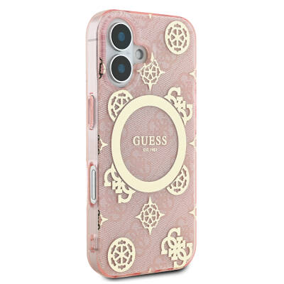 Apple iPhone 16 Case Guess Original Licensed Magsafe Charging Featured IML Text Logo 4G Patterned Peony Cover - 5