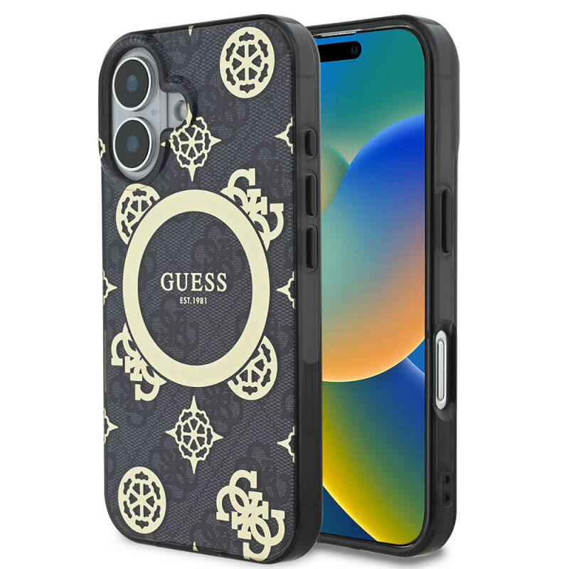 Apple iPhone 16 Case Guess Original Licensed Magsafe Charging Featured IML Text Logo 4G Patterned Peony Cover - 18