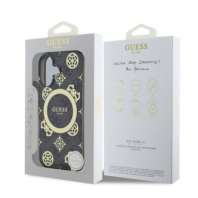 Apple iPhone 16 Case Guess Original Licensed Magsafe Charging Featured IML Text Logo 4G Patterned Peony Cover - 26