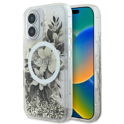 Apple iPhone 16 Case Guess Original Licensed Magsafe Charging Featured Liquid Glitter Flower Patterned Cover - 1