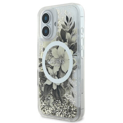 Apple iPhone 16 Case Guess Original Licensed Magsafe Charging Featured Liquid Glitter Flower Patterned Cover - 3