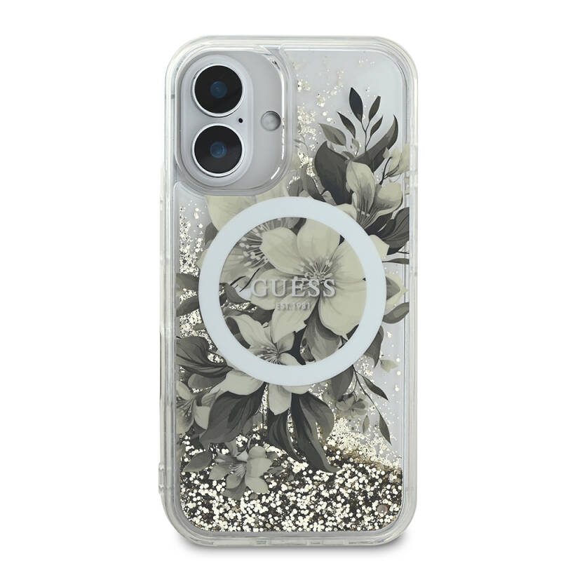 Apple iPhone 16 Case Guess Original Licensed Magsafe Charging Featured Liquid Glitter Flower Patterned Cover - 4