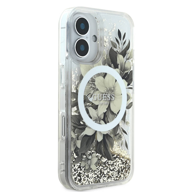 Apple iPhone 16 Case Guess Original Licensed Magsafe Charging Featured Liquid Glitter Flower Patterned Cover - 5