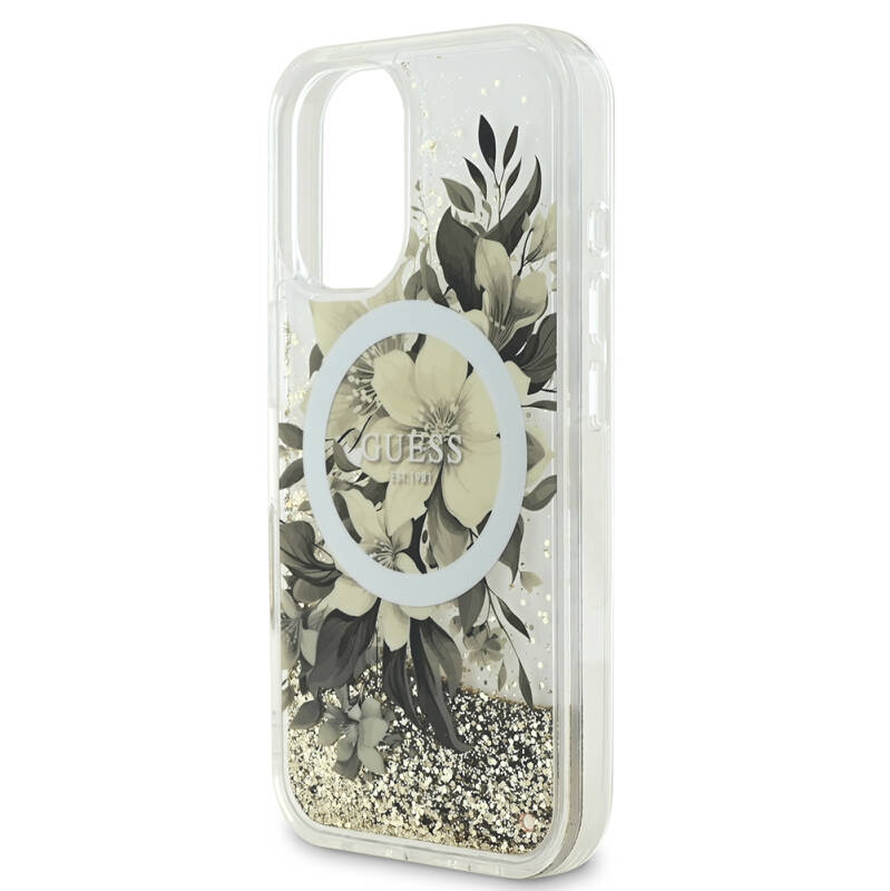 Apple iPhone 16 Case Guess Original Licensed Magsafe Charging Featured Liquid Glitter Flower Patterned Cover - 7