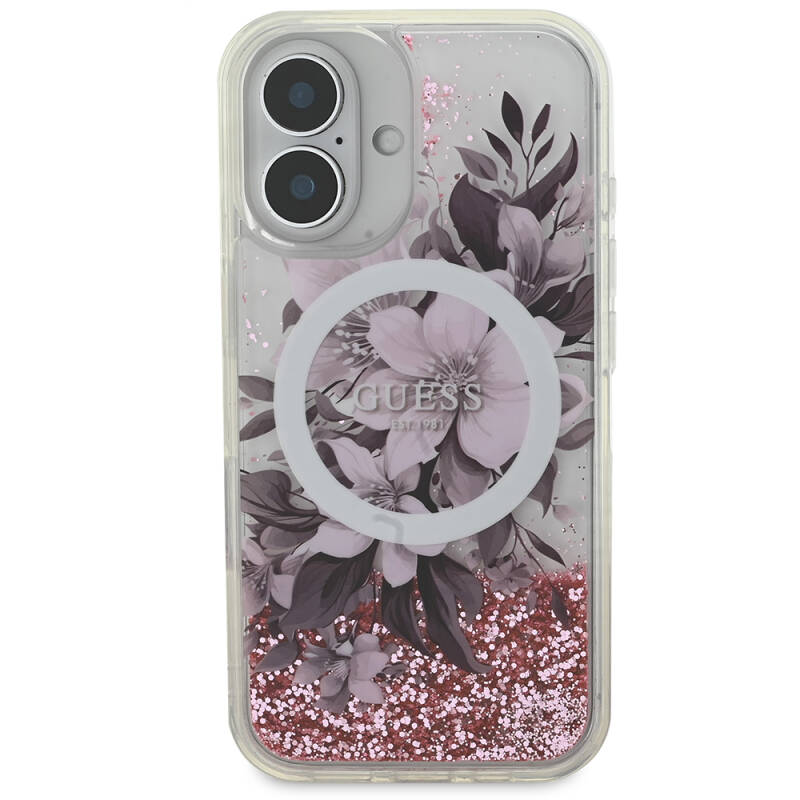 Apple iPhone 16 Case Guess Original Licensed Magsafe Charging Featured Liquid Glitter Flower Patterned Cover - 13