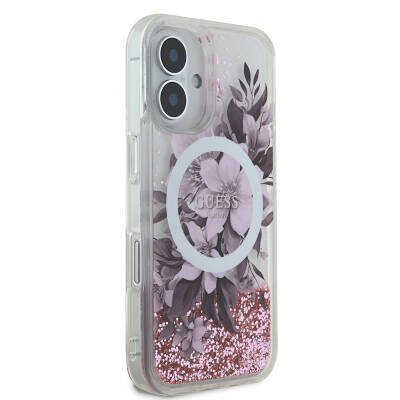 Apple iPhone 16 Case Guess Original Licensed Magsafe Charging Featured Liquid Glitter Flower Patterned Cover - 14