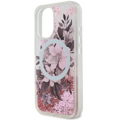 Apple iPhone 16 Case Guess Original Licensed Magsafe Charging Featured Liquid Glitter Flower Patterned Cover - 16