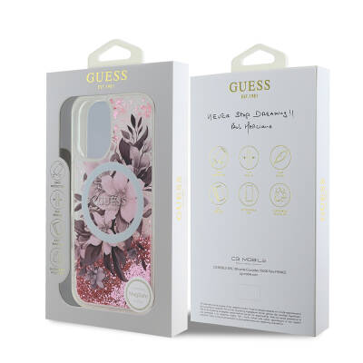 Apple iPhone 16 Case Guess Original Licensed Magsafe Charging Featured Liquid Glitter Flower Patterned Cover - 18