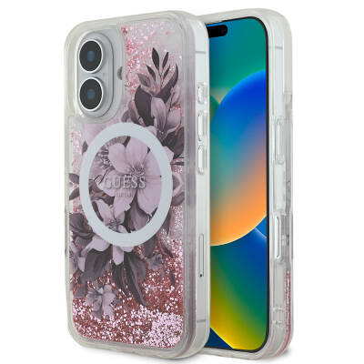 Apple iPhone 16 Case Guess Original Licensed Magsafe Charging Featured Liquid Glitter Flower Patterned Cover - 10