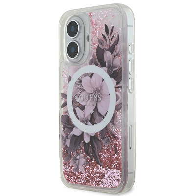 Apple iPhone 16 Case Guess Original Licensed Magsafe Charging Featured Liquid Glitter Flower Patterned Cover - 12