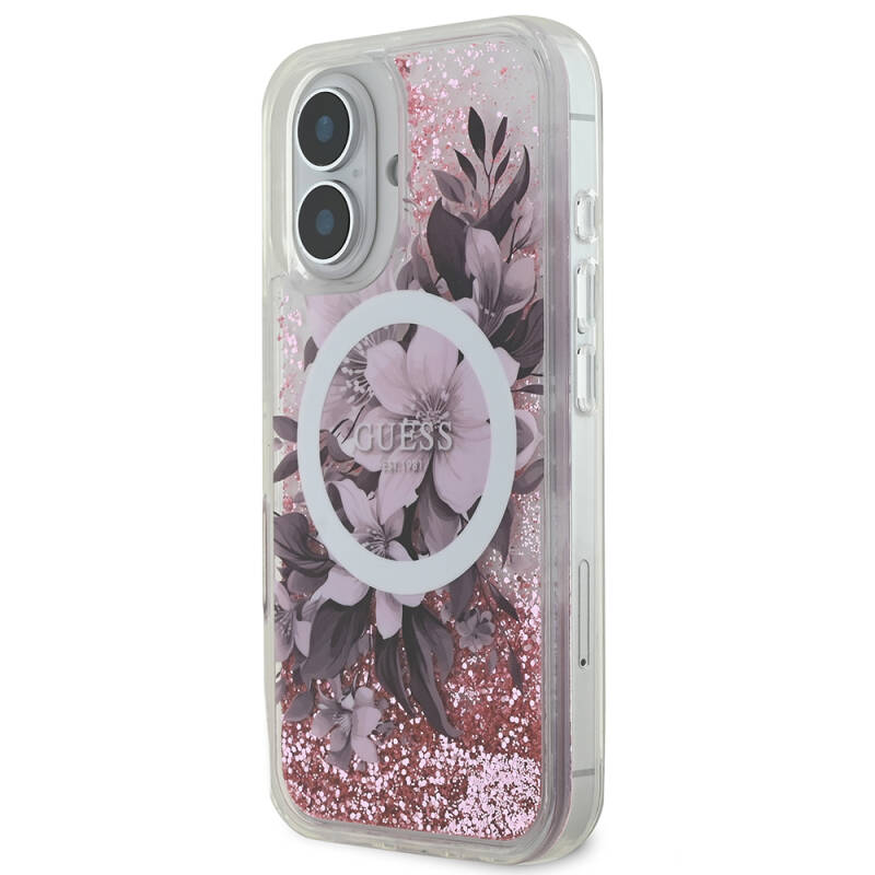 Apple iPhone 16 Case Guess Original Licensed Magsafe Charging Featured Liquid Glitter Flower Patterned Cover - 12