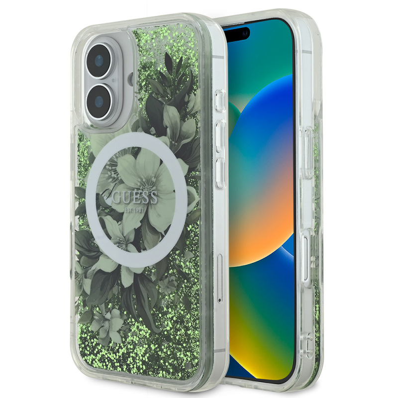 Apple iPhone 16 Case Guess Original Licensed Magsafe Charging Featured Liquid Glitter Flower Patterned Cover - 19