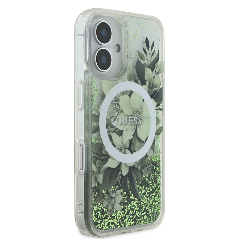 Apple iPhone 16 Case Guess Original Licensed Magsafe Charging Featured Liquid Glitter Flower Patterned Cover - 20