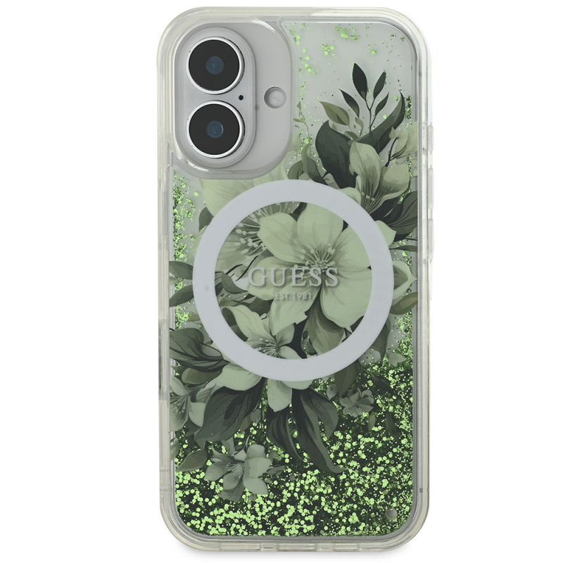 Apple iPhone 16 Case Guess Original Licensed Magsafe Charging Featured Liquid Glitter Flower Patterned Cover - 22