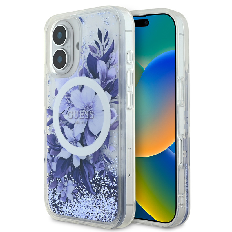 Apple iPhone 16 Case Guess Original Licensed Magsafe Charging Featured Liquid Glitter Flower Patterned Cover - 23