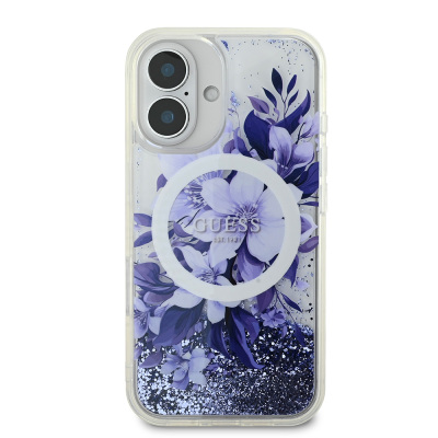 Apple iPhone 16 Case Guess Original Licensed Magsafe Charging Featured Liquid Glitter Flower Patterned Cover - 26