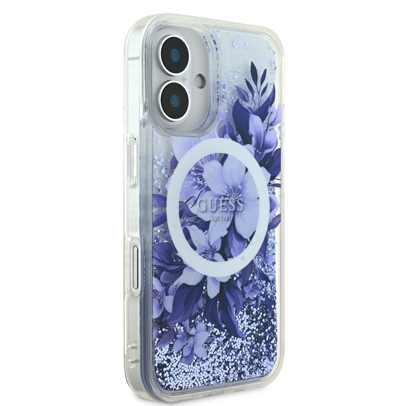 Apple iPhone 16 Case Guess Original Licensed Magsafe Charging Featured Liquid Glitter Flower Patterned Cover - 27