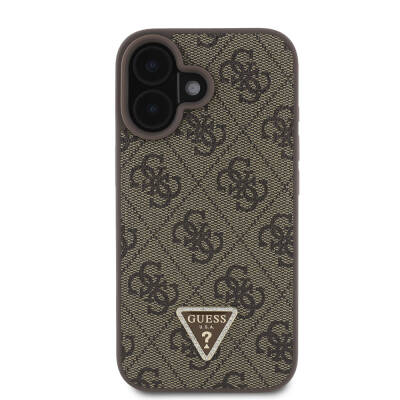 Apple iPhone 16 Case Guess Original Licensed Magsafe Charging Featured PU Leather 4G Patterned Stony Triangle Logo Cover - 13