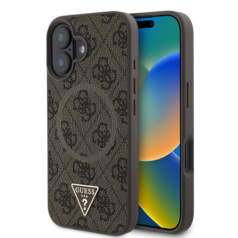 Apple iPhone 16 Case Guess Original Licensed Magsafe Charging Featured PU Triangle Logo 4G Patterned Cover - 10