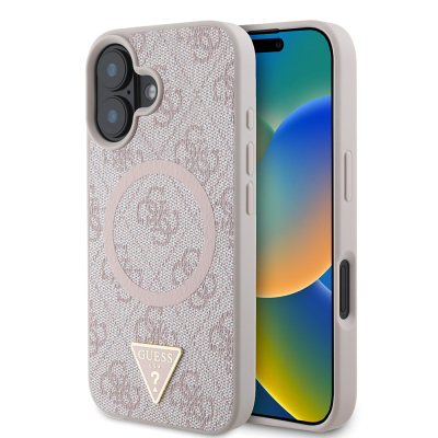 Apple iPhone 16 Case Guess Original Licensed Magsafe Charging Featured PU Triangle Logo 4G Patterned Cover - 18