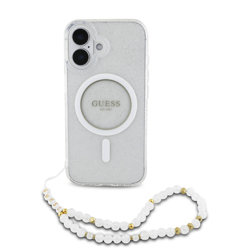 Apple iPhone 16 Case Guess Original Licensed Magsafe Charging Featured Silvery Silicone Pearl Bracelet Cover-33661 - 8